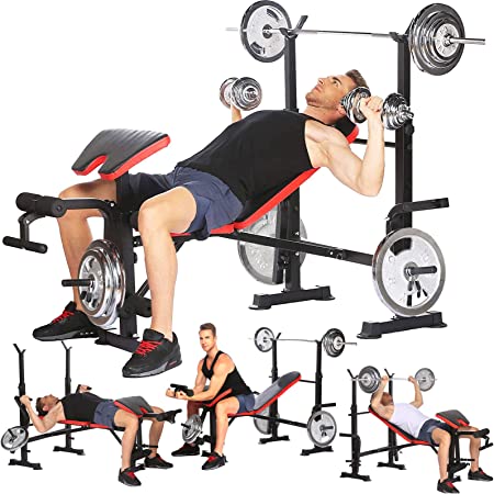 Adjustable Olympic Weight Bench 330lbs 5-in-1 Foldable Workout Bench Set with Barbell Rack & Leg Developer Preacher Curl Rack, Multi-Function Strength Training Bench Press Exercise Equipment for Home Gym