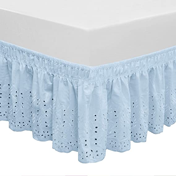 QSY Home Wrap Around Elastic Eyelet Bed Skirts 14 1/2 Inches Drop Dust Ruffle Three Fabric Sides Easy On/Easy Off Adjustable Polyester Cotton(Light Blue Twin/Full)