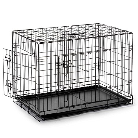 SmithBuilt Portable Dog Crate Cage - Folding Two-Door Metal Wire Pet & Animal Kennel - ABS Tray Pan - Black - Various Sizes