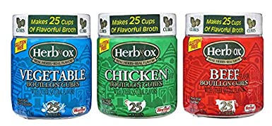 Herb-Ox Bouillon Bundle, Vegetable, Chicken, and Beef Bouillon Cubes- 25 Ct of Each 3.25 Oz with Spice of Life Mini Bamboo Spatula