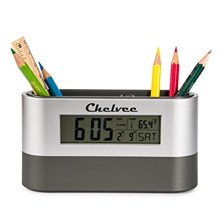 Chelvee Multi-functional Alarm Clock Pencil Holder,With Big LED Backlight Electronic Calendar Snooze Alarm Clock,Two Holes Brush Pot,Office & Home Desktop Stationery Container.
