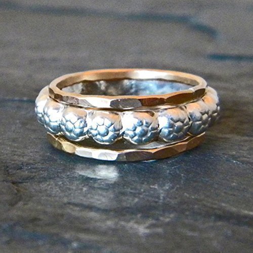 Sterling Silver and 14 Karat Gold Fill Stacking Ring Set, Flower Band Ring, Handmade Artisan Jewelry