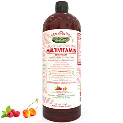 VEGAN LIQUID MORNING MULTIVITAMIN by MARYRUTH - Highest Purity Organic Ingredients Vitamins A B C D3 E, Minerals & Amino Acids to Provide Natural Energy All Day 100% VEGAN -GF (Wild Raspberry-Cherry)