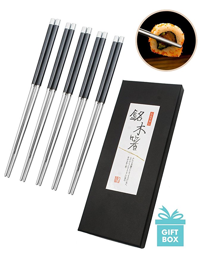 Teivio 5 Pair Stainless Steel Chopsticks Chinese Japanese Restaurant Chopsticks Set (Stainless Steel and Black)