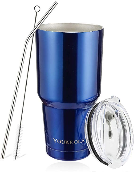 Stainless Steel Tumbler 30oz - Vacuum Insulated Tumbler Coffee Cup Double Wall Large Travel Mug with Lid, Straw, Brush, Gift Box Set (Blue, 30oz-1 Pack)