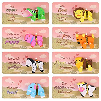 Unomor 32 Set Valentines Day Cards for kids 8 Patterns Valentine Greeting Cards with 3D Animal Erasers for Valentines Gift Exchange Party Favors