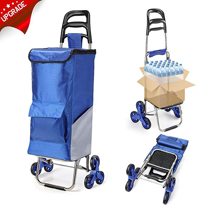 Upgraded Folding Shopping Cart, Stair Climbing Cart Waterproof Grocery Laundry Utility Cart with Wheel Bearings, Blue