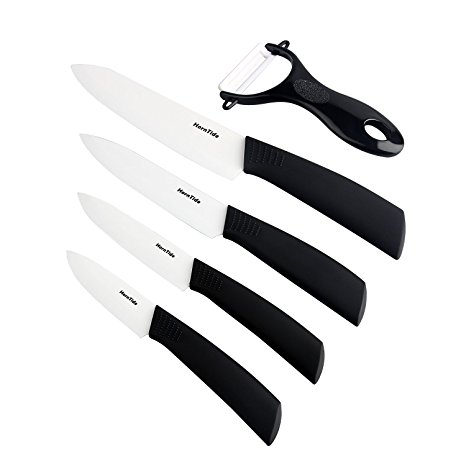 HornTide 5-Piece Kitchen Ceramic Knife Set 3" Paring 4" Utility 5" Slicer 6" Chef Knives with 1 Peeler White Blade and Black Handle