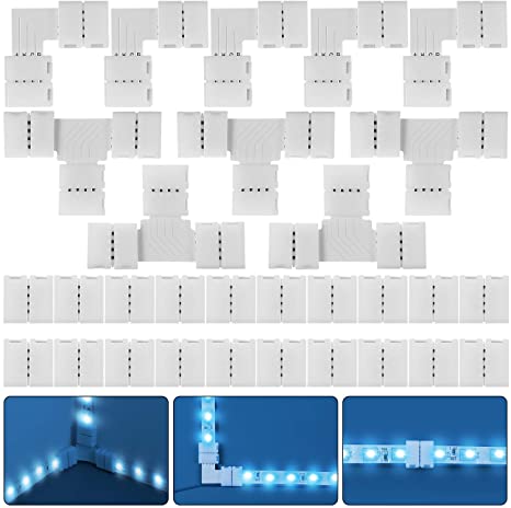 30 Pieces RGB LED Strip Connector Full Kit, 4 Pin 10 mm Gapless Solderless Adapter Extension Compatible with SMD 5050 LED Strip, 20 Gapless Connectors, 5 L Connectors and 5 T Connectors