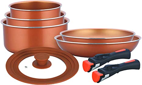 8-piece Non-stick Sauce Pan and Fry Pan with Universal Silicone Lid and Detachable Handles (Copper)