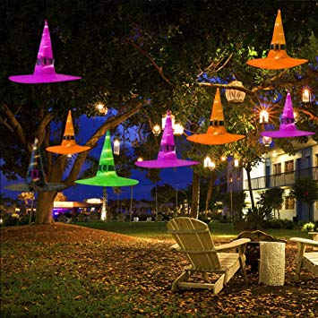MAOYUE Halloween Decorations Outdoor 8Pcs Lighted Witch Hat Decorations 36ft Halloween Lights String Battery Operated Halloween Decor with 8 Lighting Mode for Indoor, Outdoor, Yard, Tree, Garage