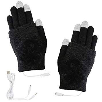 2 IN 1 Detachable USB Hand Warmers Winter Warm Women's USB Heated Gloves Mitten Full Finger and Half Fingerless Warm Hand Touch Screen Gloves - Safe USB Powered