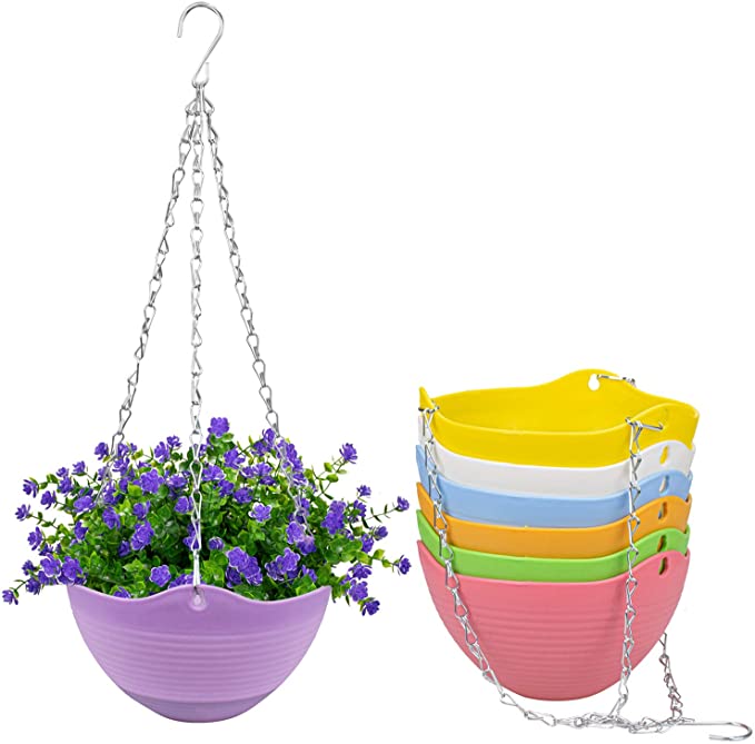 Foraineam 7 Pieces Self-Watering Hanging Planter Indoor Outdoor Garden Flower Plant Pot Container with Drainer and Hanging Chain