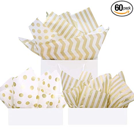 UNIQOOO 60 Sheets Premium Metallic Gold Tissue Gift Wrap Paper Bulk - Stripe, Polka Dot, Wave Gold - 20" X 26" Each, Recyclable Gift Wrapping Accessory, Perfect for Wedding, Gift Bags, DIY Crafts