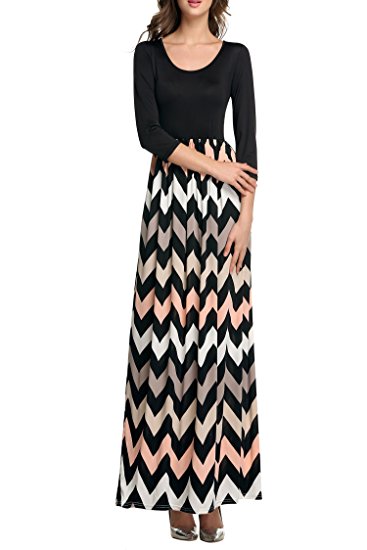 ANGVNS Womens Fashion 3/4 Sleeve Casual Contrast Color Striped Chevron Maxi Dress