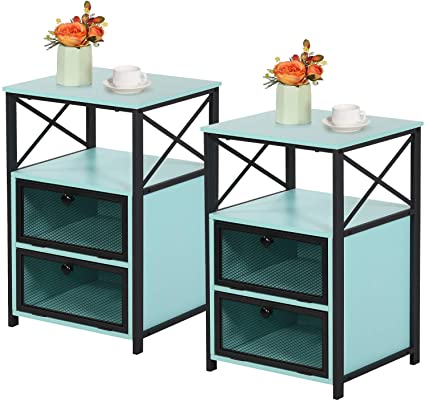 VECELO Modern Night Stand, End Side Table with Storage Space and Door, Nightstands with Flip Drawers for Living Room,Bedroom,Lounge,Set of 2, Blue