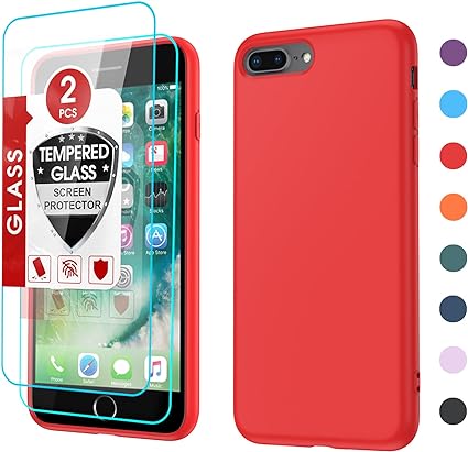 LeYi for iPhone 7 Plus Cases Girls: Phone Case iPhone 8 Plus with [2 Pack] Tempered Glass Screen Protectors, Shockproof Full-Body Liquid Silicone with Anti-Scratch Microfiber Liner iPhone 7 Plus, Red…