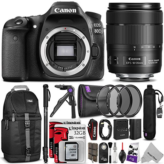 Canon EOS 80D DSLR Camera with EF-S 18-135mm f/3.5-5.6 IS USM Lens w/ Advanced Photo and Travel Bundle