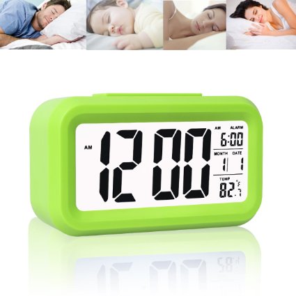 Digital Alarm Clock with Sensor Light Date and Temperature Display Snooze - Battery Operated Led Travel Alarm Clock Desk Clock - by O-Best Green