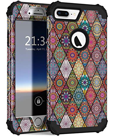 iPhone 8 Plus Case, iPhone 7 Plus Case, Hocase Heavy Duty Shockproof Protection Hard Plastic Silicone Rubber Hybrid Protective Case for iPhone 7 Plus/iPhone 8 Plus - Mandala Flowers/Black