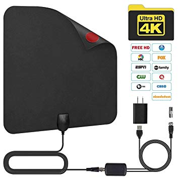TV Antenna, Indoor Digital Amplified HDTV Antennas 50-80 Miles Range with Detachable Signal Amplifier, UL Adapter and 16.5FT Longer Coax Cable - Support 4K 1080p (Black)