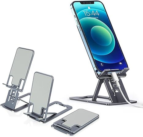 Foldable Cell Phone Stand Holder Aluminum Adjustable Height Nonslip Adhesive Portable Cellphone Cradle for Desk Office Table Home Travel Mobile Smartphone - Gray