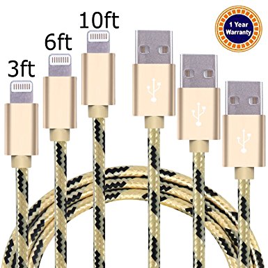 Dufferni 3pcs 3FT 6FT 10FT Lightning Cable Premium Popular Nylon Braided Charging Cable Extra Long USB Cord for iphone 6s, 6s plus, 6plus, 6,5s 5c 5,iPad Mini, Air,iPad5,iPod (Gold with Black)