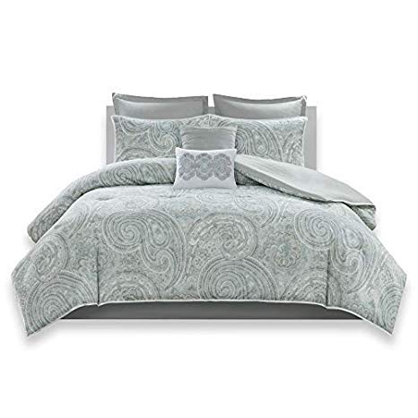 Comfort Spaces - Kashmir Comforter Set - 8 Piece - Paisley Pattern - Blue, Grey, Green - Full/Queen - 1 Comforter, 2 Shams, 1 Bedskirt, 2 Euro Shams, 2 Décorative Pillows