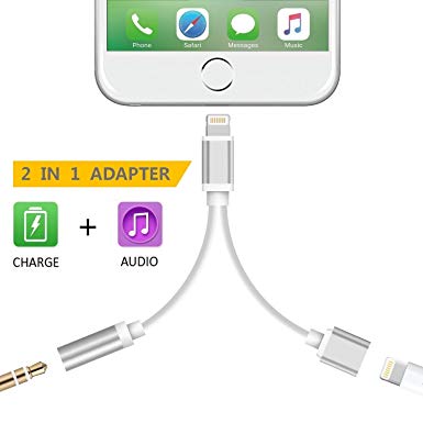 Lightning to 3.5mm Aux Headphone Audio Adapter for iphone 7/7 plus (Support iOS 10.3, iOS 11), OLINKIT 2 in 1 Lightning Adapter and Charger (Silver)