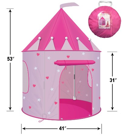 CPSIA Compliant Princess Play Tent - Glow-in-the-Dark Stars - Lightweight and Portable for Indoor or Outdoor Use With Stakes - Girl's Pink Princess Castle Playhouse for Kids