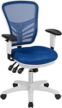 Flash Furniture Mid-Back Blue Mesh Multifunction Executive Swivel Ergonomic Office Chair with Adjustable Arms and White Frame, BIFMA Certified