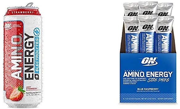 OPTIMUM NUTRITION Essential Amino Energy On-The-Go Variety Pack: Electrolyes Sparkling Drink (Juicy Strawberry, 12 Cans) & Stick Pack Pre-Workout or Anytime Energy Powders (Blue Raspberry, 6 Ct)