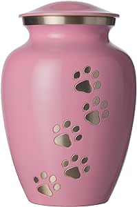 Pet Urn - Ottillie Paws Legacy Memorial Pet Cremation Urns for Dogs and Cats Ashes Hand Carved Brass Memory Keepsake Urn (Medium, Ardent Pink, Vertical Pewter Paws)