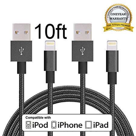 Airsspu Lightning Cable,2Pack 10FT Apple Charger Extra Long Nylon Braided USB Cord certified iPhone Cable for iPhone 5/5S/5C/SE 6/6S 6 Plus/6S Plus 7/7 Plus, iPad mini/Air/Pro(Black.10FT)