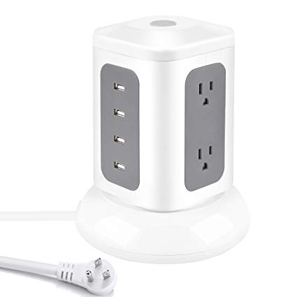 Bestten Multi Outlet Charging Station Tower Power Strip: 6-Outlet Surge Protector with 4 USB Charging Ports (4.2A Total), Overload Protection, 6 Foot Extension Cord, ETL Listed