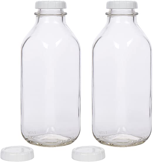Glass Milk Bottle with Extra Lids - Set of 2 - USA Made 33.8 Oz Jug - Thick Durable Milk Bottle Larger than 1 Quart