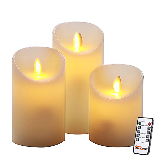 Homemory Realistic Flameless Candle with Remote, Battery Operated LED Pillar Timer Candle, Set of 3 Ivory Wax Electric Candle with Flickering Flame for Table, Wall Sconce, Spa, Bathroom