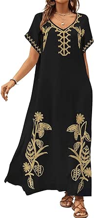 Bsubseach Embroidered Kaftan Dresses for Women Swimsuit Cover Ups Beach Caftan Maxi Dress