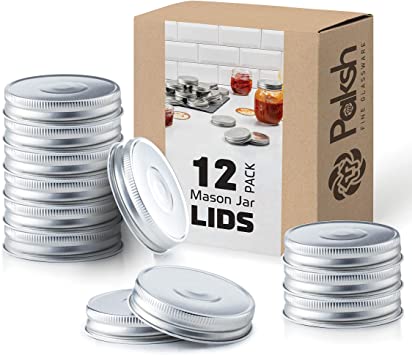 Paksh Novelty Silver Replacement Mason Jar Lids - Regular Mouth - Canning Lids for Ball, Kerr, Bormioli Rocco, And Other Brands. One Piece Lid with Safety Button. 12 Pack