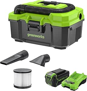 Greenworks 40V Brushless 3 Gallon Cordless Wet/Dry Shop Vacuum with Hose, Crevice Tool, Floor Nozzle, 4.0Ah Battery and Charger Included