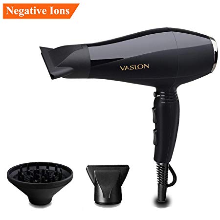 VASLON 1875W AC Salon Grade Professional Tourmaline Ceramic and Ionic Negative Ions Hair Dryer With 3 Heat 2 Speed With Cool Shot Button,Attachments Include Two Concentrators & Diffuser,Black