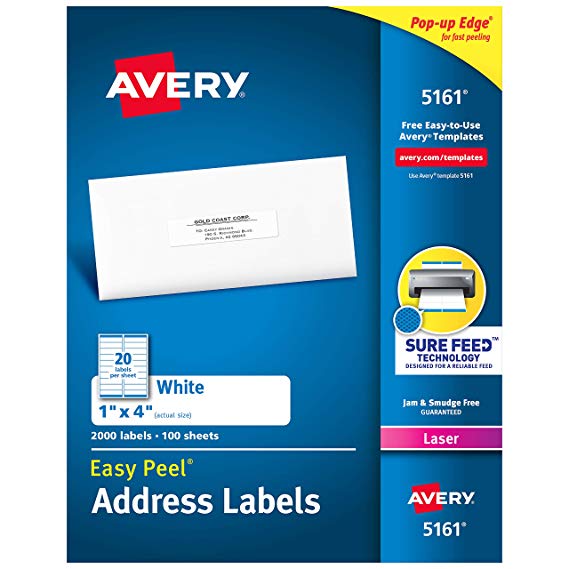 Avery Address Labels with Sure Feed for Laser Printers, 1" x 4", 2,000 Labels, Permanent Adhesive (5161), White
