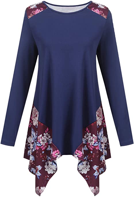 ACEVOG Women Floral Patchwork Asymmetrical Hem Long Sleeve Tunic Tops