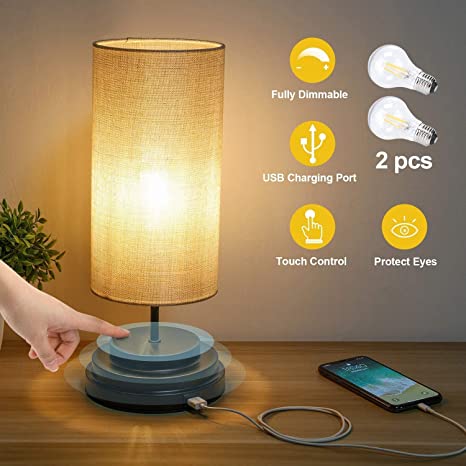 Bedside Table Lamp Touch Control, Kohree Fully Stepless Dimmable Touch Lamp with USB Charging Port, LED Modern Touch Lamp for Bedroom, Living Room, Office Night Light (2-Pack LED Bulbs Included)