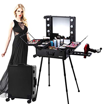 Kemier Makeup Case,Professional Artist Studio Cosmetic Train Table w/4 Rolling Wheels & Lights & Mirror,Pro Makeup Station,Cover Board and Easy Clean Extendable Trays,Adjustable Legs,Sturdy (Black)
