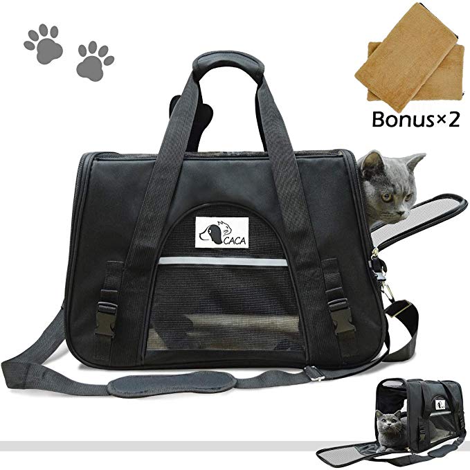 Soft-Sided Cat Carrier, Pet Travel Carrier Airline Approved, Two Sideds Expansion Pet Tote Bag with Washable Bedding, Collapsible Pet Travel Carrier for Small Dogs&Cats (All Black (not Expandable))