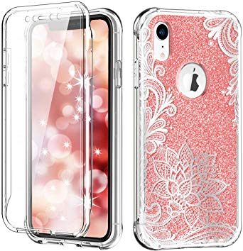 Hocase iPhone XR Case, Hard Plastic Front Casing with Screen Protector High-Impact Soft TPU Back Cover Shockproof Full Body Protective Case for iPhone XR 6.1 2018 - Glitter Rose Gold Lotus Flower