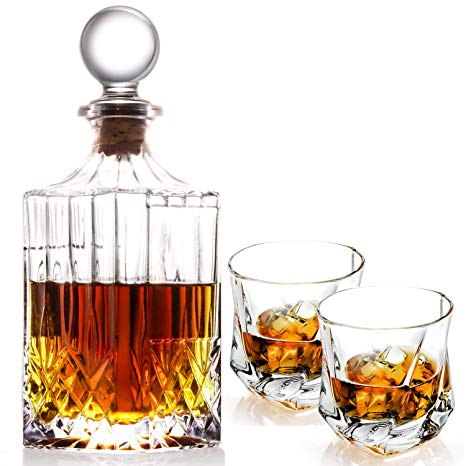 Lovinpro Crafted Whiskey Decanter Set - Elegant Whiskey Glass Set with Ornate Stopper and 2 Piece of Twist Whiskey Glasses
