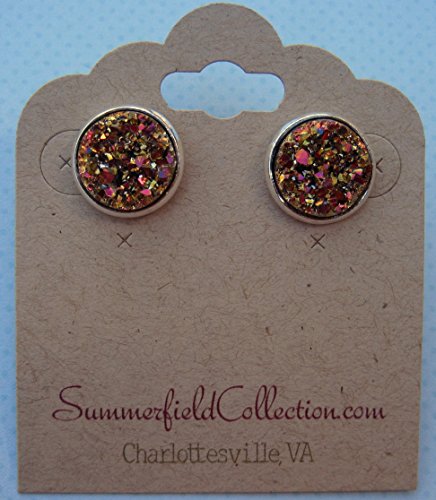 Silver-Tone Stud Earrings 12mm Gold and Pink Faux Druzy Stone