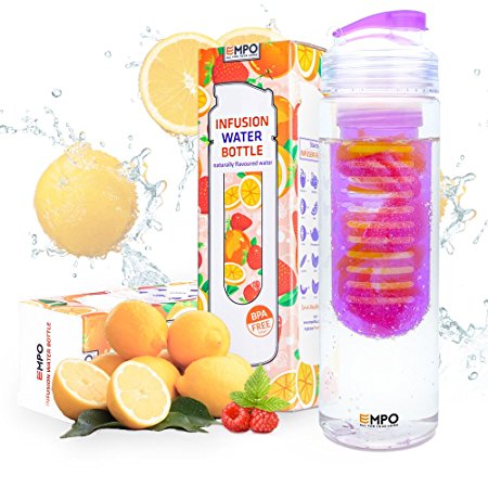 [CHRISTMAS SALE] EMPO Fruit&Tea Infuser Water Bottle (BPA Free) with FREE Recipe eBook - 25 Oz - Flip Top Lid Ideal Gift for Sports, Camping, Yoga, Detox, Paleo Diet - Purple